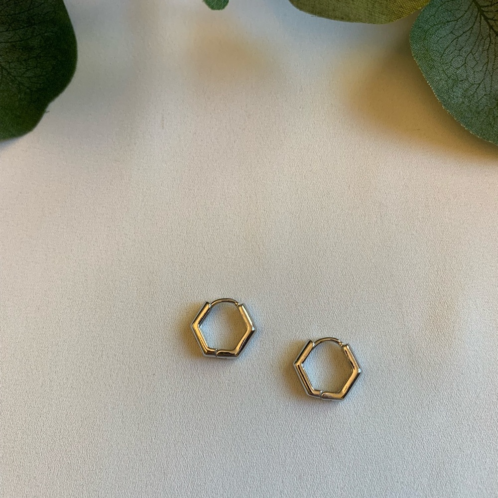 Minimalistic Silver Hexagon Mini Hoops